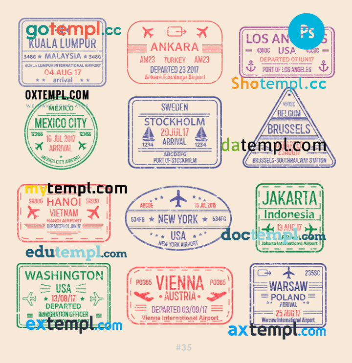 FREE editable template, Mexico Washington New York travel stamp collection template of 12 PSD designs, with fonts