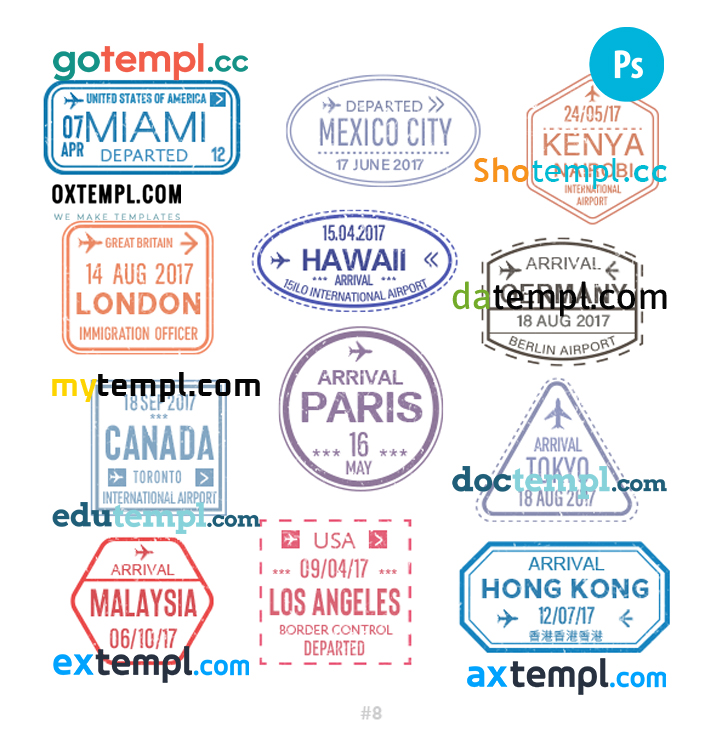 FREE editable template, Miami Mexico city Nairobi travel stamp collection template of 12 PSD designs, with fonts