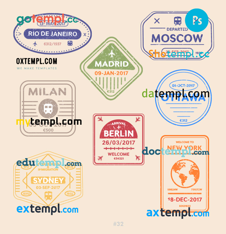 FREE editable template, Milan Madrid Berlin travel stamp collection template of 8 PSD designs, with fonts