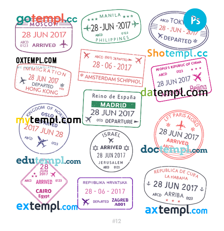 FREE editable template, Moscow Manila Tokyo travel stamp collection template of 13 PSD designs, with fonts