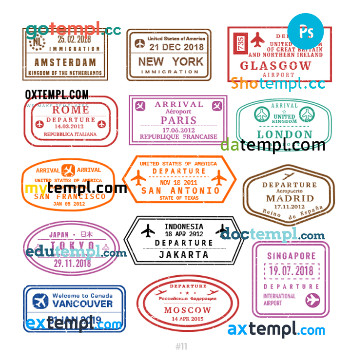 FREE editable template, Netherlands USA Ireland travel stamp collection template of 14 PSD designs, with fonts