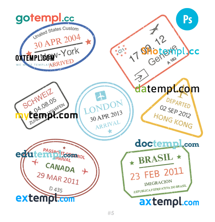 FREE editable template, New York Geneva London travel stamp collection template of 7 PSD designs, with fonts