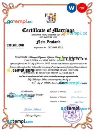 editable template, New Zealand marriage certificate Word and PDF template, completely editable