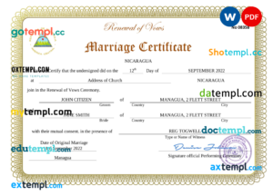 editable template, Nicaragua marriage certificate Word and PDF template, fully editable