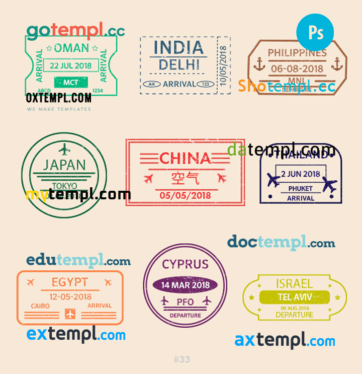 FREE editable template, Oman India Israel travel stamp collection template of 9 PSD designs, with fonts