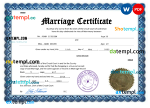 editable template, Oman marriage certificate Word and PDF template, completely editable