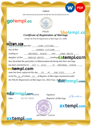 editable template, Palau marriage certificate Word and PDF template, completely editable