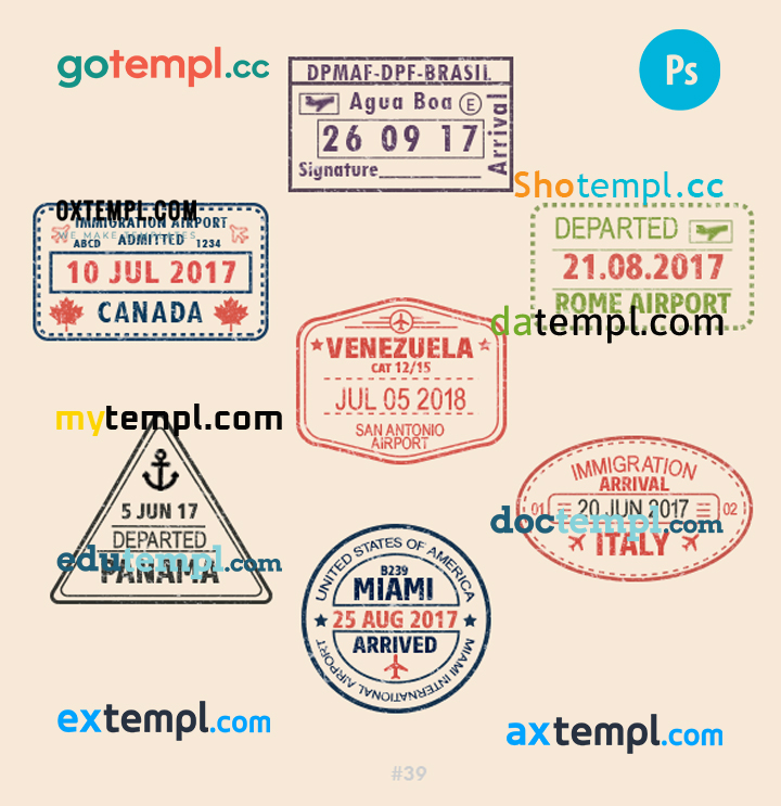 FREE editable template, Panama Venezuela Italy travel stamp collection template of 7 PSD designs, with fonts