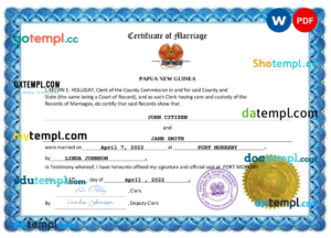 editable template, Papua New Guinea marriage certificate Word and PDF template, fully editable