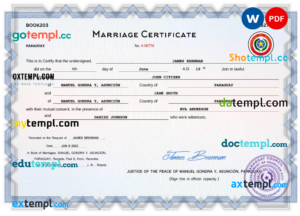 editable template, Paraguay marriage certificate Word and PDF template, completely editable