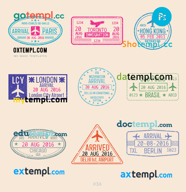 FREE editable template, Paris London Toronto travel stamp collection template of 9 PSD designs, with fonts