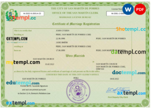 editable template, Peru marriage certificate Word and PDF template, fully editable