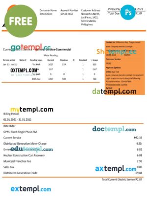FREE editable template, Philippines Manila Electric Company (Meralco) electricity utility bill template in Word format