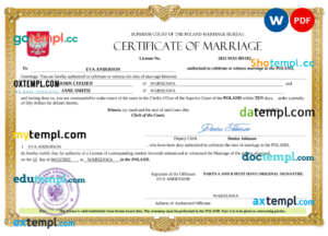 editable template, Poland marriage certificate Word and PDF template, fully editable