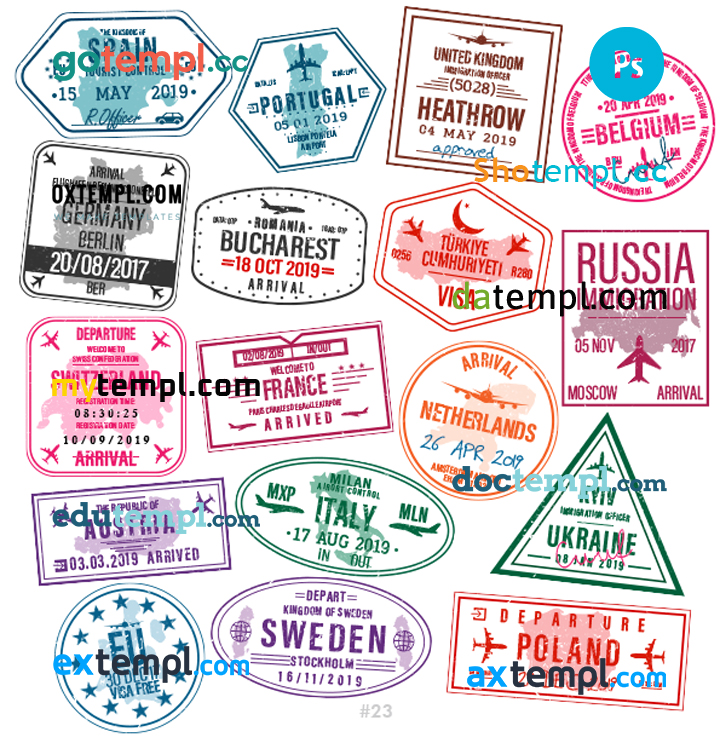FREE editable template, Portugal Ukraine Poland travel stamp collection template of 17 PSD designs, with fonts
