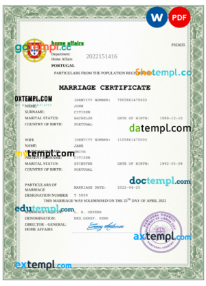 editable template, Portugal marriage certificate Word and PDF template, completely editable