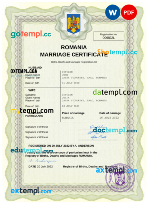 editable template, Romania marriage certificate Word and PDF template, completely editable