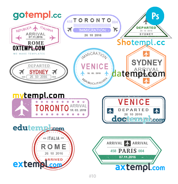 FREE editable template, Rome Venice Paris travel stamp collection template of 10 PSD designs, with fonts