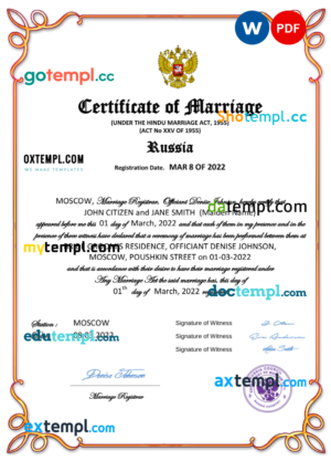 editable template, Russia marriage certificate Word and PDF template, fully editable