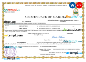 editable template, Saint Vincent and Grenadies marriage certificate Word and PDF template, fully editable