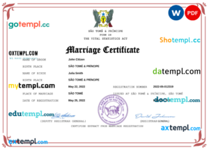 editable template, Sao Tome and Principe marriage certificate Word and PDF template, fully editable