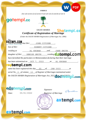 editable template, Saudi Arabia marriage certificate Word and PDF template, completely editable