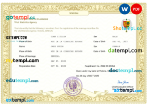 editable template, Senegal marriage certificate Word and PDF template, fully editable