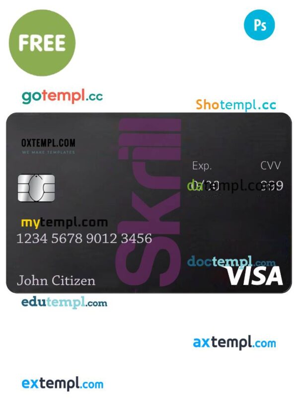 FREE editable template, Skrill Visa Debit card template in PSD format, completely editable