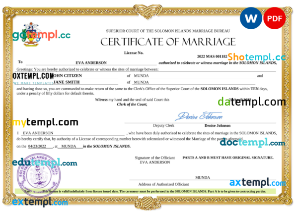 editable template, Solomon Islands marriage certificate Word and PDF template, completely editable