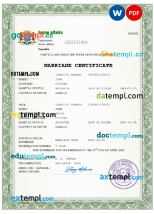 editable template, Somalia marriage certificate Word and PDF template, fully editable