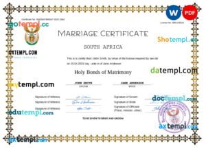 editable template, South Africa marriage certificate Word and PDF template, completely editable