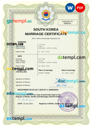 editable template, South Korea marriage certificate Word and PDF template, fully editable