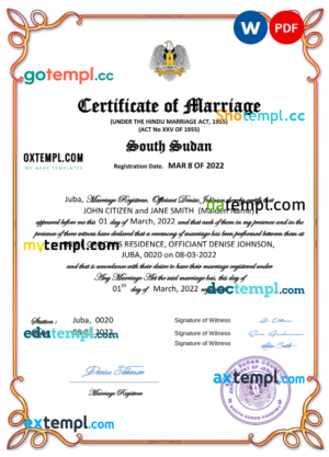 editable template, South Sudan marriage certificate Word and PDF template, completely editable