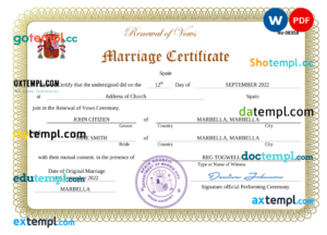 editable template, Spain marriage certificate Word and PDF template, fully editable