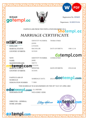 editable template, Sudan marriage certificate Word and PDF template, fully editable