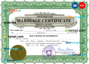 editable template, Switzerland marriage certificate Word and PDF template, completely editable