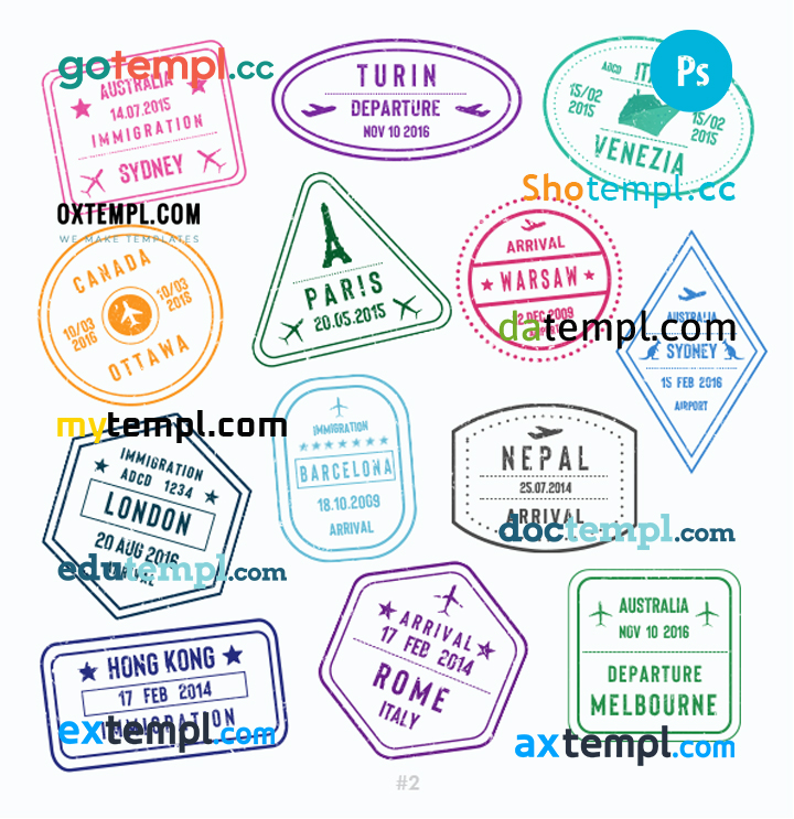 FREE editable template, Sydney Turin Venezia travel stamp collection template of 13 PSD designs, with fonts