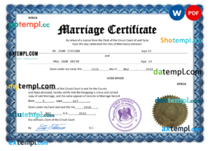 editable template, Syria marriage certificate Word and PDF template, fully editable