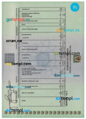 editable template, TANZANIA birth certificate PSD template, completely editable, version 2