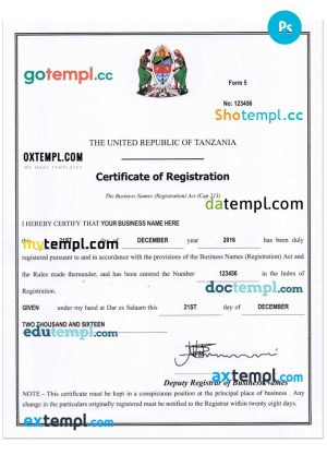 editable template, TANZANIA business registration certificate PSD template
