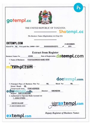 editable template, TANZANIA business registration certificate PSD template, version 2