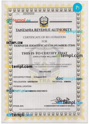 editable template, TANZANIA taxpayer identification number (TIN) registration certificate PSD template