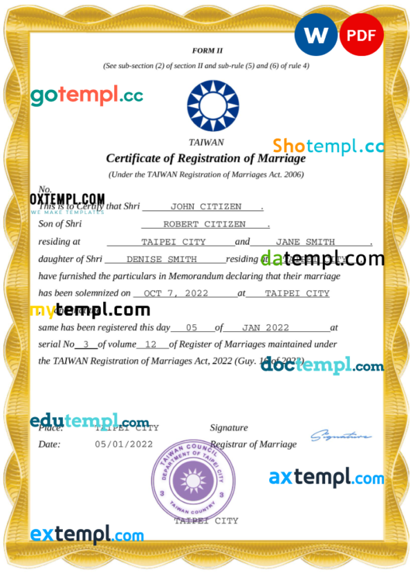 editable template, Taiwan marriage certificate Word and PDF template, completely editable