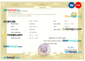 editable template, Tajikistan marriage certificate Word and PDF template, fully editable