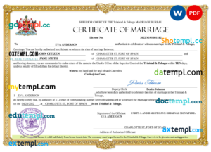 editable template, Trinidad and Tobago marriage certificate Word and PDF template, completely editable