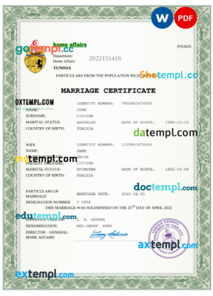 editable template, Tunisia marriage certificate Word and PDF template, fully editable