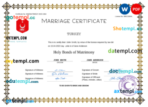 editable template, Turkey marriage certificate Word and PDF template, completely editable