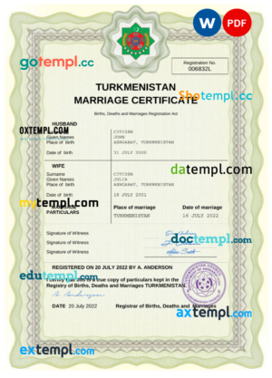 editable template, Turkmenistan marriage certificate Word and PDF template, fully editable