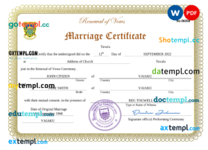 editable template, Tuvalu marriage certificate Word and PDF template, completely editable