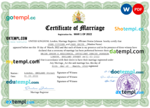 editable template, United Kingdom marriage certificate Word and PDF template, fully editable